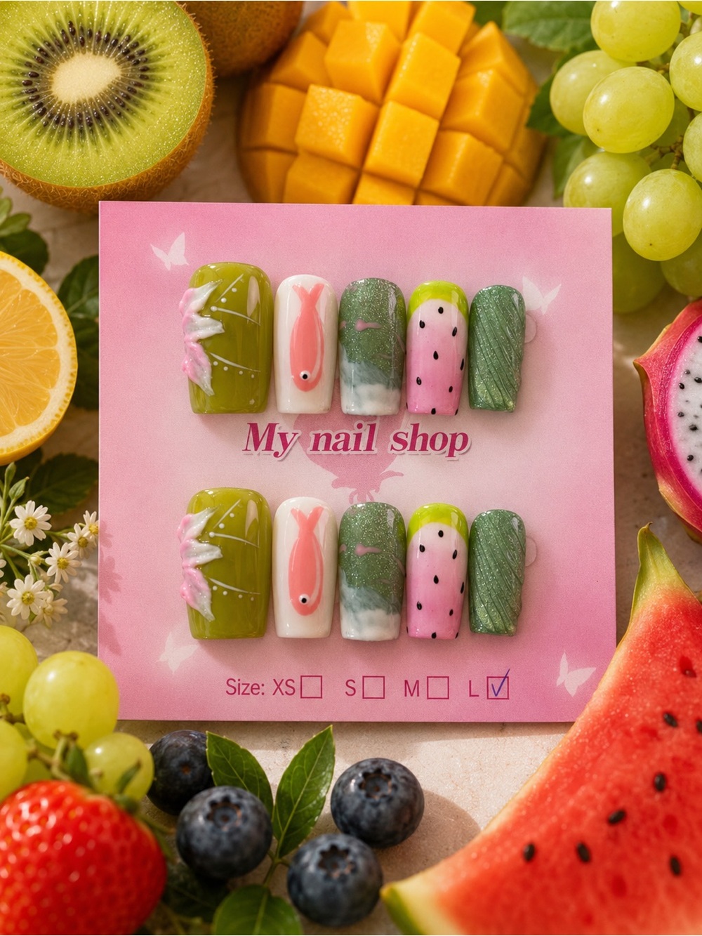 Molo Pink Green White Fish & Watermelon Press-On Nail Set